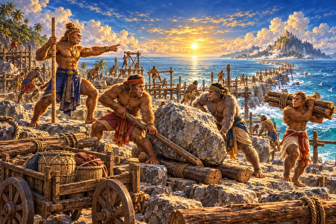 Vanara crews hauling stone and timber beside the growing crossing