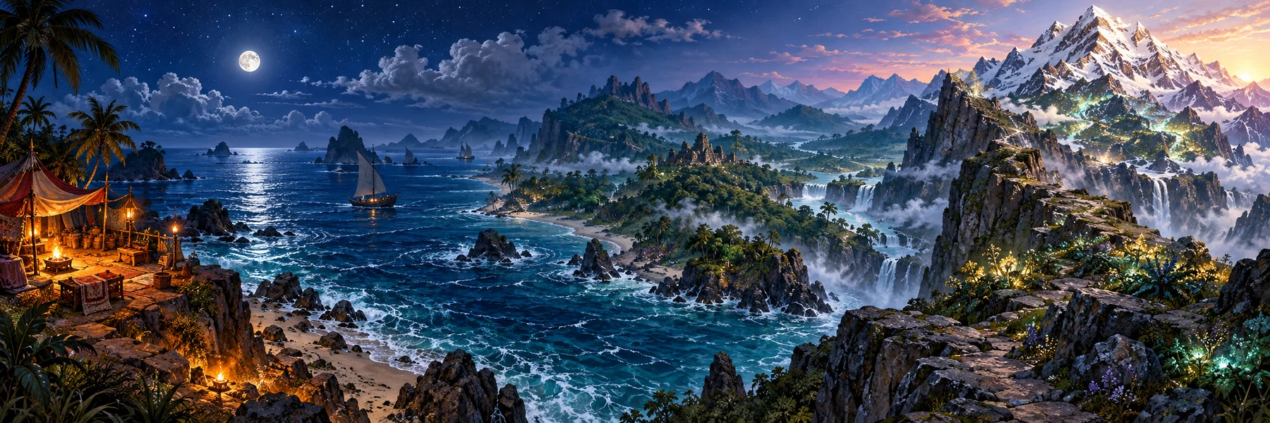 Healing Mountain journey panorama across coast, ocean and distant mountain